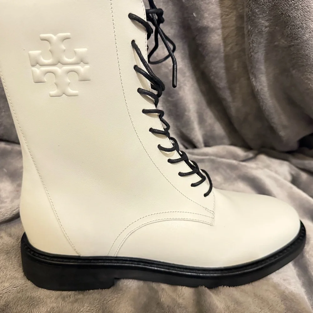 Tory Burch White Leather Lace-Up Combat Boot with Black Laces